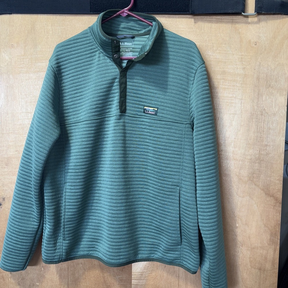 L.L. Bean Airlight Knit Pullover Men's Large  Green Snap Mock Neck Quilted
